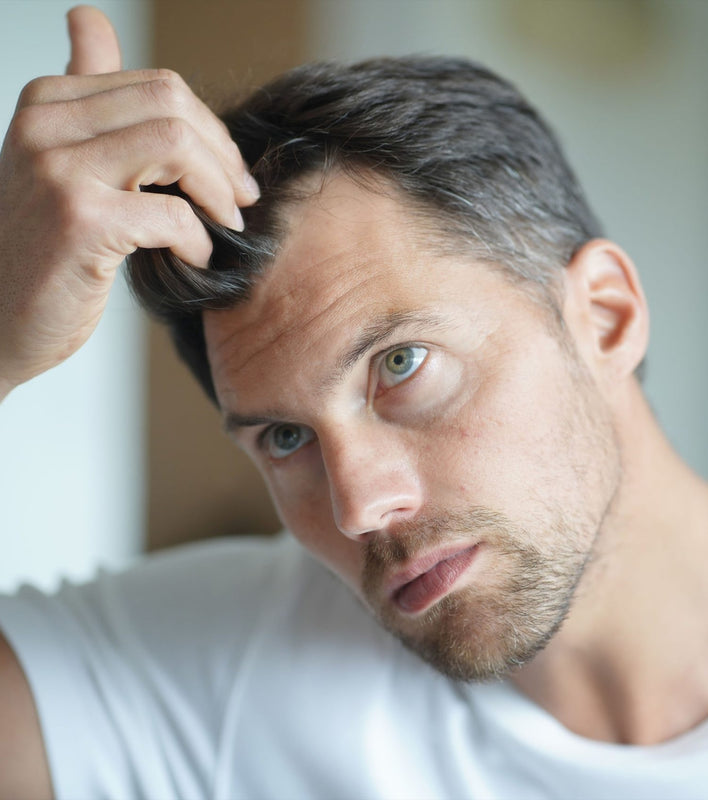 man looking at hair line in mirror, hair loss in men