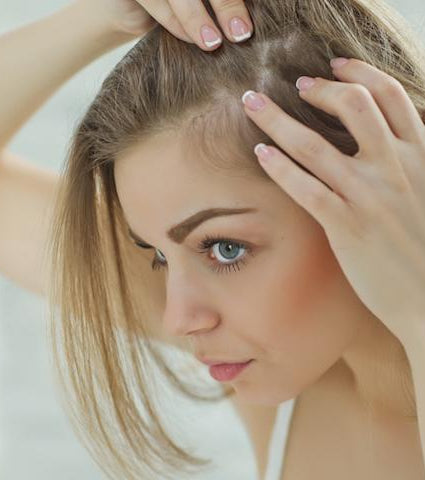 Blonde woman examining hair line for womens hair loss